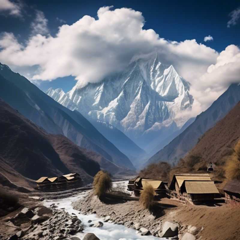 A lone backpacker trekker, a digital nomad exploring the breathtaking Manaslu Circuit in Nepal, during the vibrant colors of spring. The snow-capped Himalayan peaks stand tall, a majestic backdrop to their adventure.