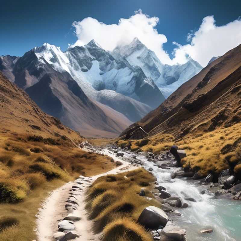 A couple of digital nomads, enjoying the breathtaking views of the Salkantay Trek in Peru, while remote working from their caravan trailer, amidst the snowy peaks and lush green valleys.