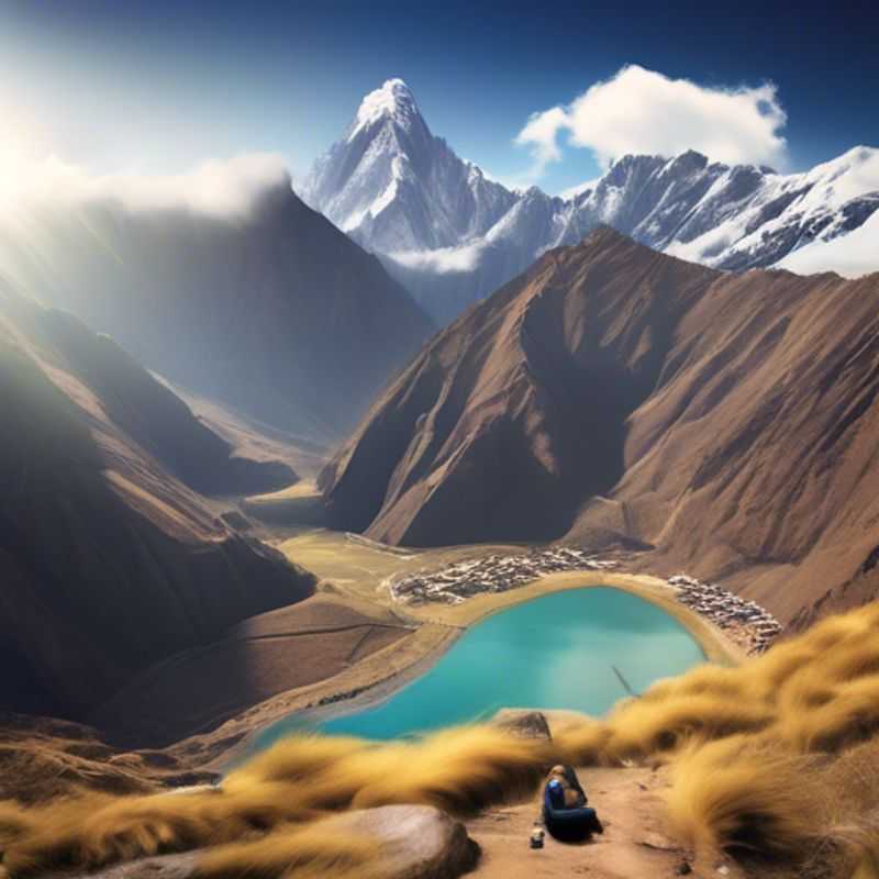 A solo backpacker traveler, brimming with adventure, stands triumphantly atop a mountain pass on the Santa Cruz Trek, Peru, surrounded by the breathtaking beauty of the Andes Mountains.