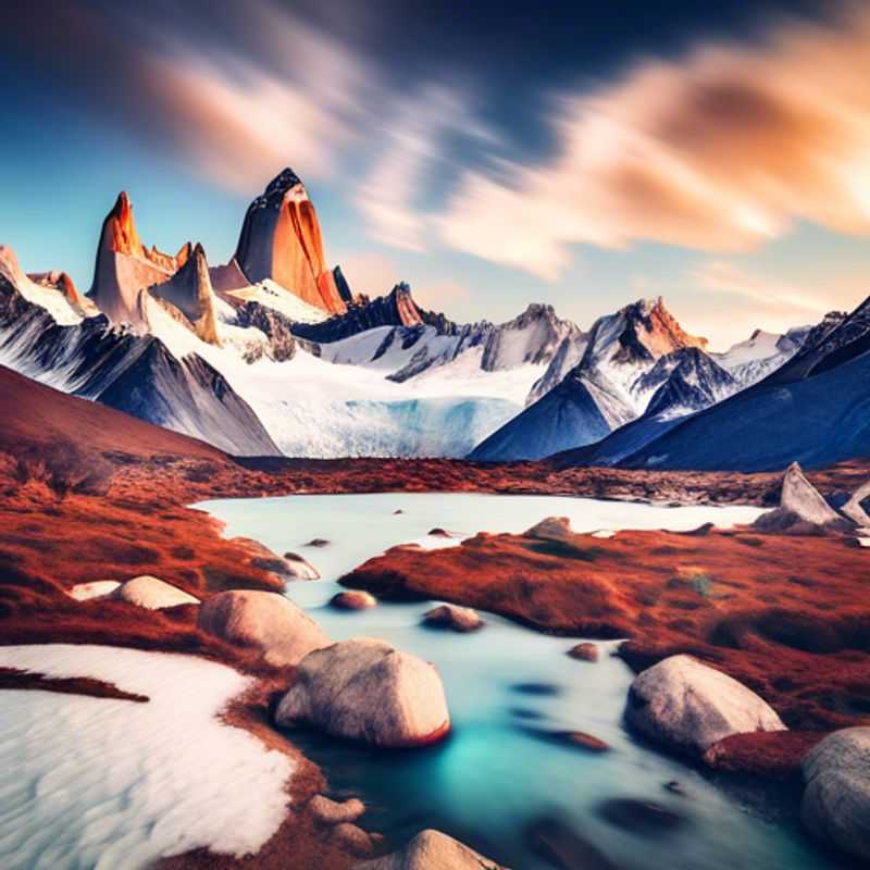 A group of four adventurous backpackers, known as The Romantic Traveler, hiking the breathtaking Mount Fitz Roy Trek in Argentina, surrounded by stunning landscapes as winter transitions to spring during their three-week journey.