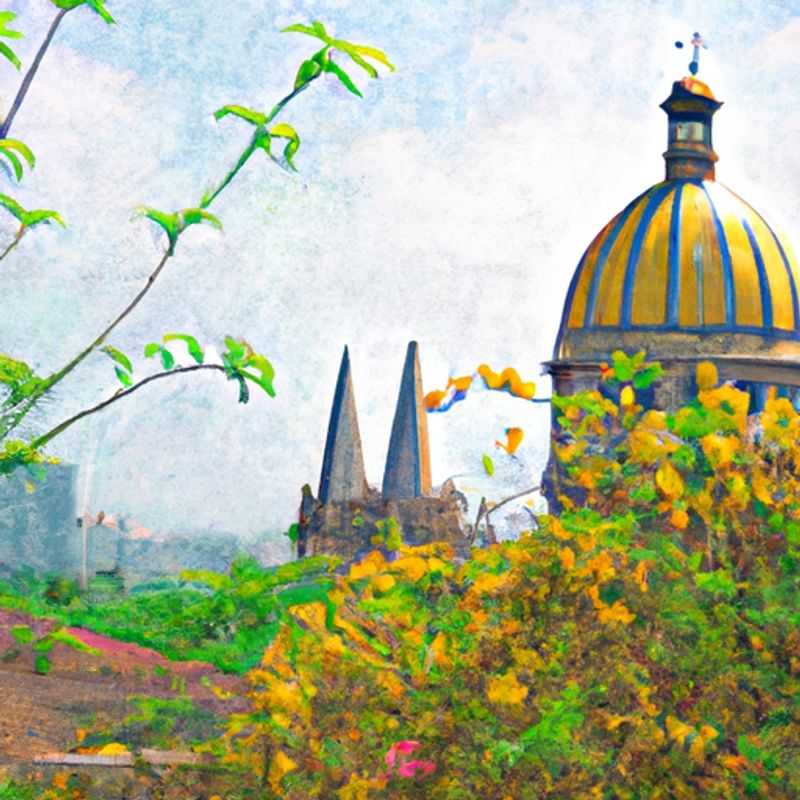 A couple strolls amidst the vibrant energy of Guadalajara, Mexico, during their 2&#45;week spring adventure. The city's iconic Catedral de Guadalajara stands tall in the background, its ornate facade a testament to the city's rich cultural heritage.