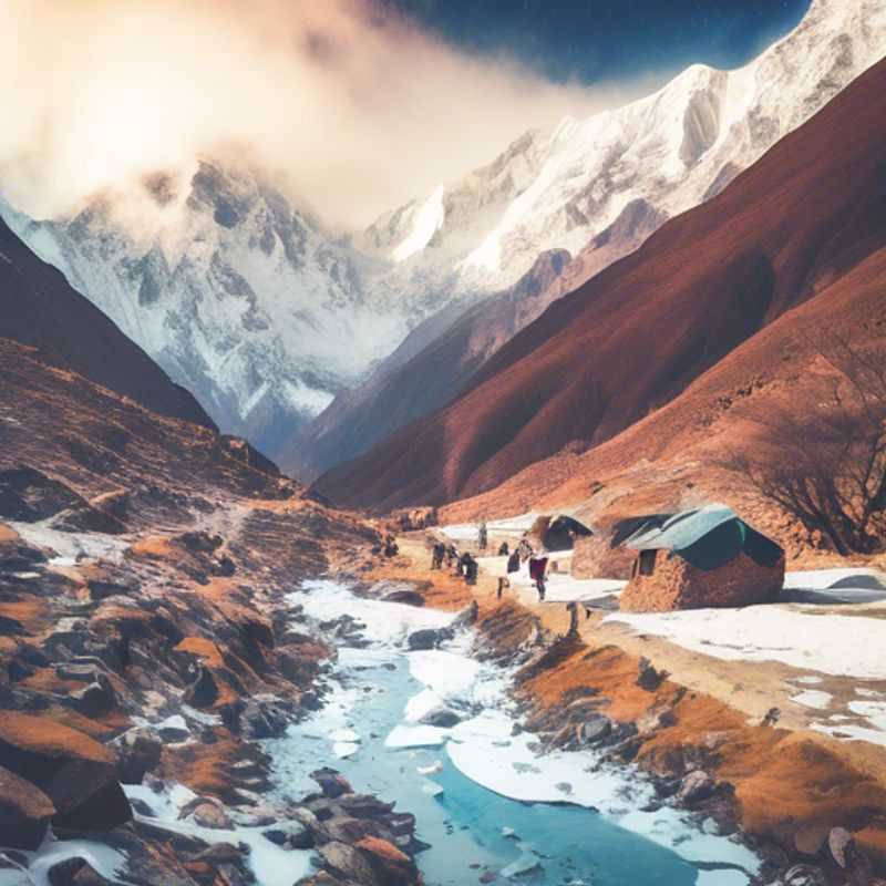 A couple of digital nomads, enjoying the breathtaking views of the Salkantay Trek in Peru, while remote working from their caravan trailer, amidst the snowy peaks and lush green valleys.