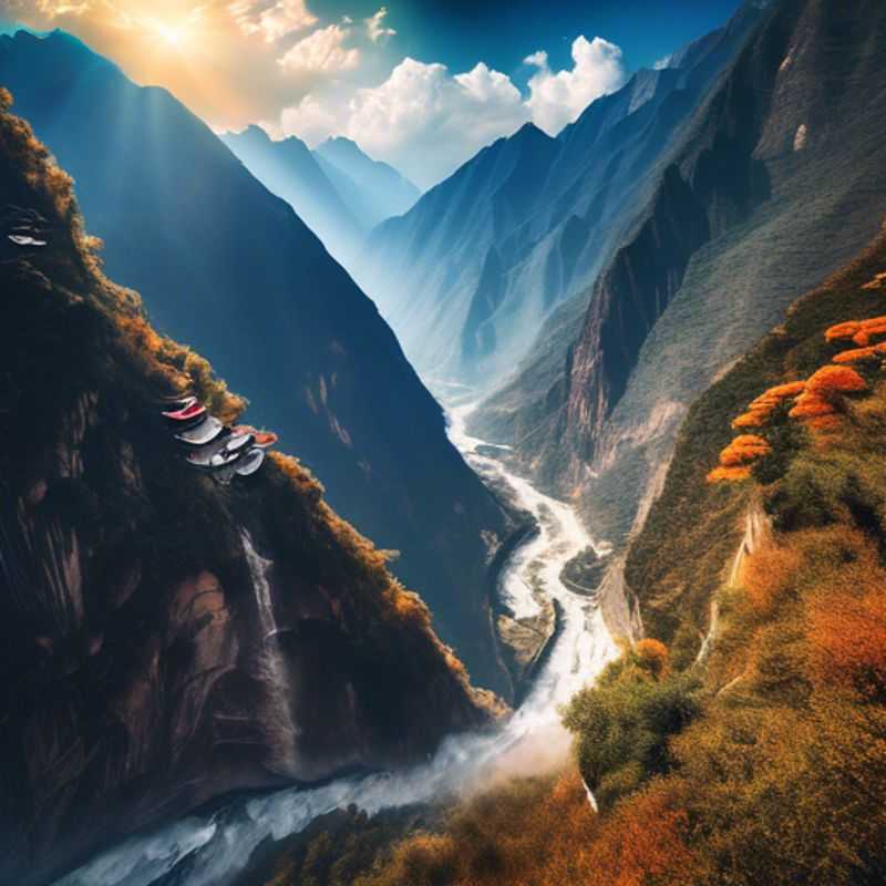 A family with children exploring the breathtaking landscapes of Tiger Leaping Gorge, China, as they embark on a 24-hour adventure in their caravan trailer, capturing the vibrant transition between summer and fall.