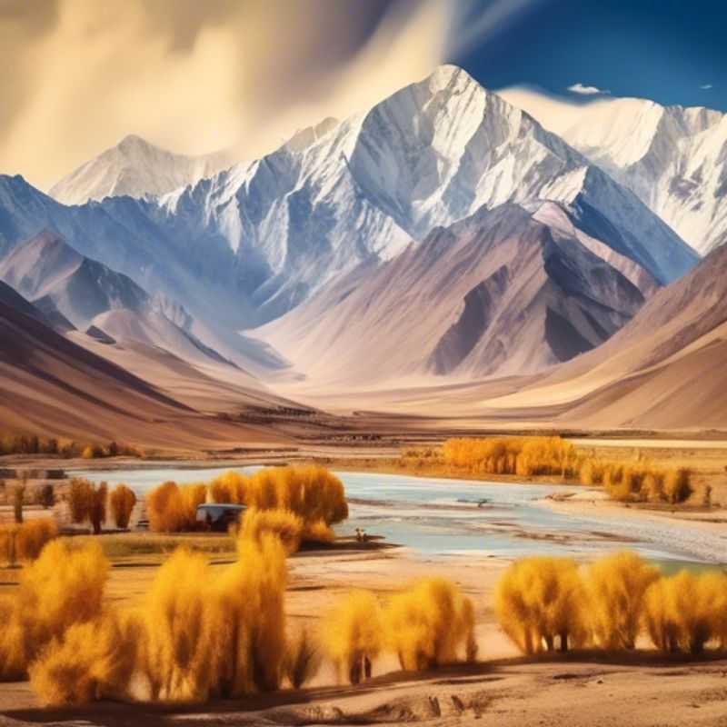 A group of six adventurous backpackers from The Business Traveler exploring the breathtaking Pamir Mountains in Tajikistan, surrounded by stunning autumn foliage and majestic peaks during their three-week journey.